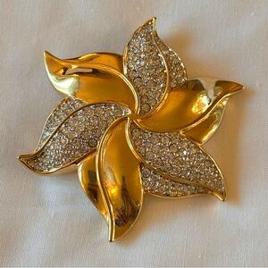 Vintage Swarovski Gold Pave Flower Brooch Large Swan Stamp